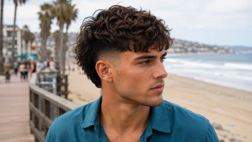 Wavy Burst Fade Textured Crop hairstyle for men with natural waves and burst fade