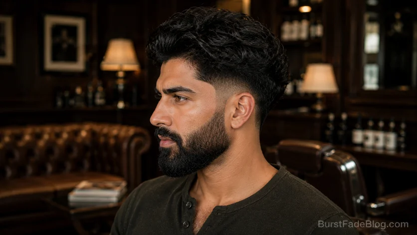  Wavy burst fade blended into a full beard.