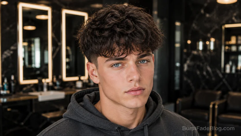  Wavy burst fade haircut with textured fringe.
