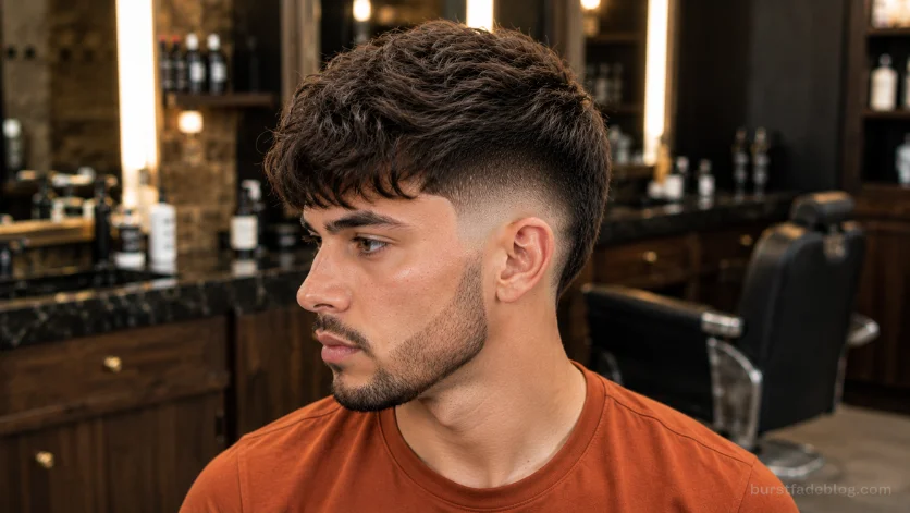 Wavy Caesar Burst Fade haircut with soft textured waves and sharp burst fade in a premium barbershop.