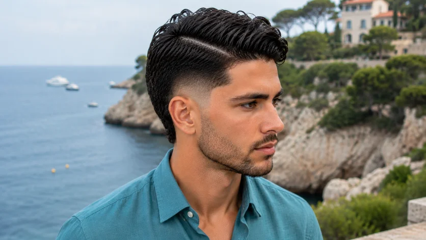 Wavy burst fade side part haircut on handsome man in teal shirt, natural wavy men's hairstyle with coastal ocean background.