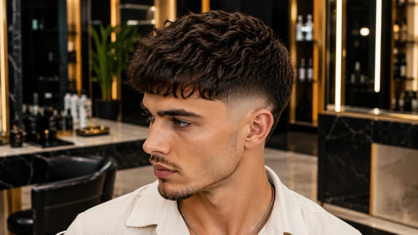 Wavy French Crop Fade haircut with natural waves and clean burst fade