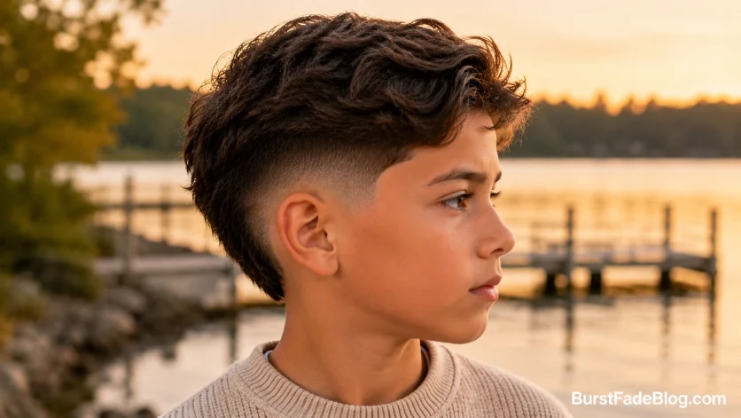 Wavy hair burst fade haircut for kids with natural waves and clean faded sides.
