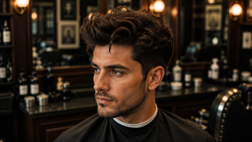 **SEO Optimized Alt Text:**
Wavy quiff haircut for men with flowing waves, natural movement, and textured volume in a luxury barber shop setting.