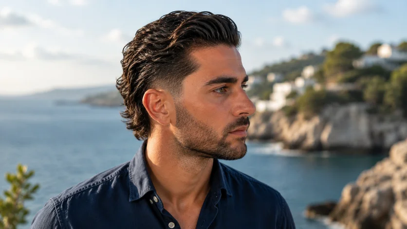 Wavy slick back burst fade haircut for men with natural flowing waves, clean burst fade sides, navy shirt, and scenic coastal backdrop.