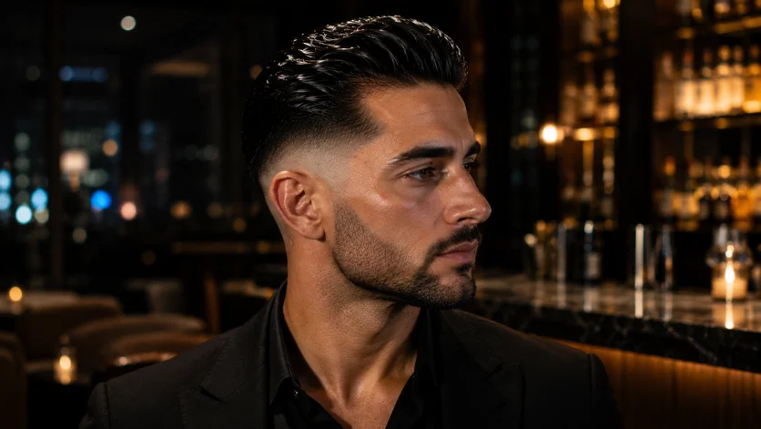  Wet look slick back burst fade haircut for men with glossy slicked-back hair, skin burst fade, black blazer, and luxury evening lounge background.