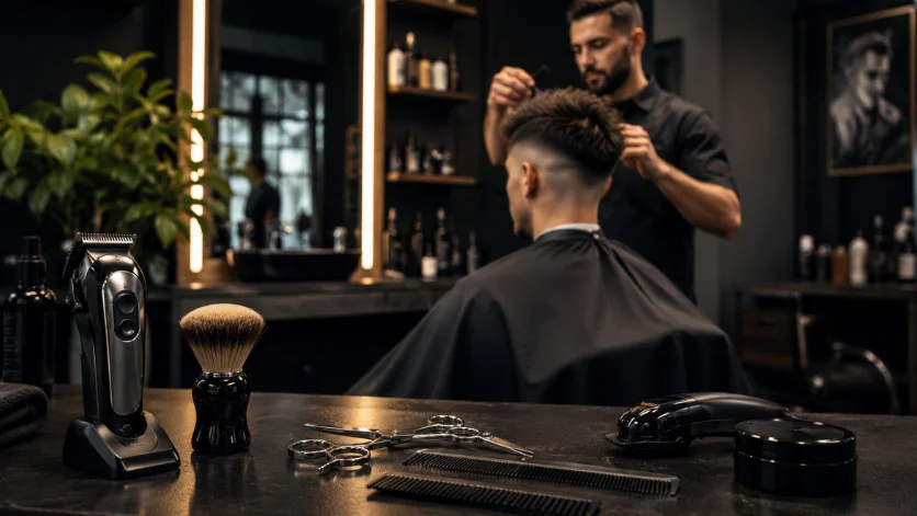 Terms and Conditions page featured image showing a professional barber creating a burst fade haircut in a modern barbershop with premium grooming tools.
