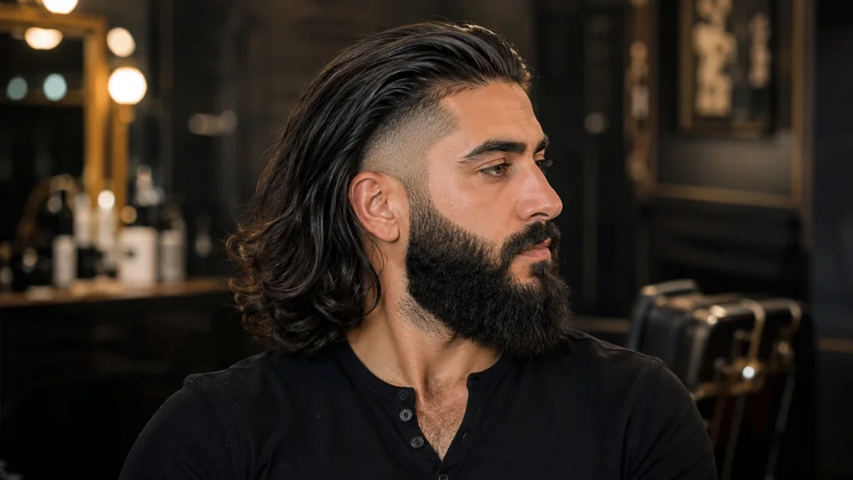  Long Hair Burst Fade with Beard haircut for men