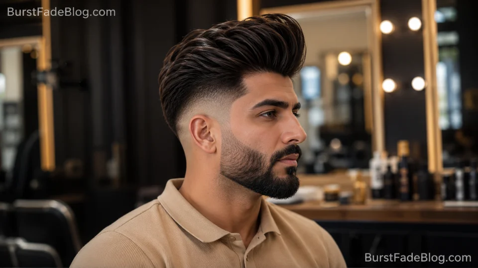 Pompadour Long Hair Burst Fade hairstyle for men