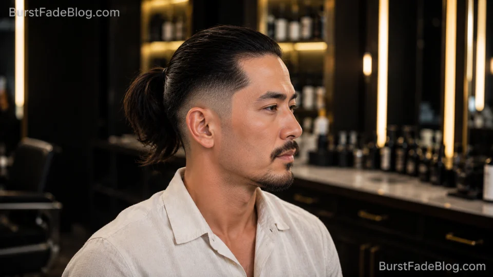 Ponytail Burst Fade haircut for men