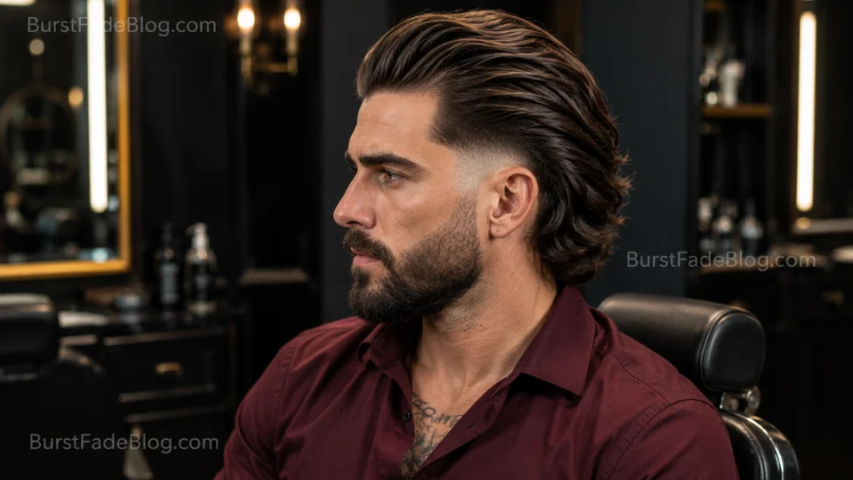 Slick Back Long Hair Burst Fade hairstyle for men