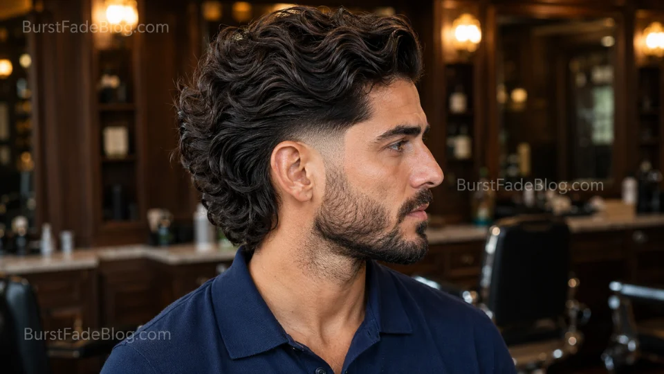 Wavy Long Hair Burst Fade haircut for men
