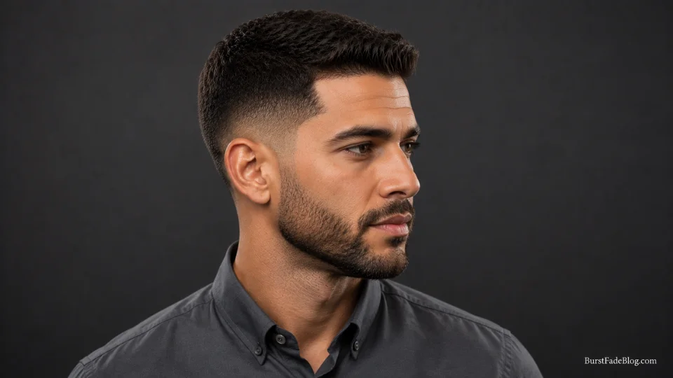 Modern classic short burst fade haircut on a 32-year-old mixed-ethnicity man in a tailored shirt
