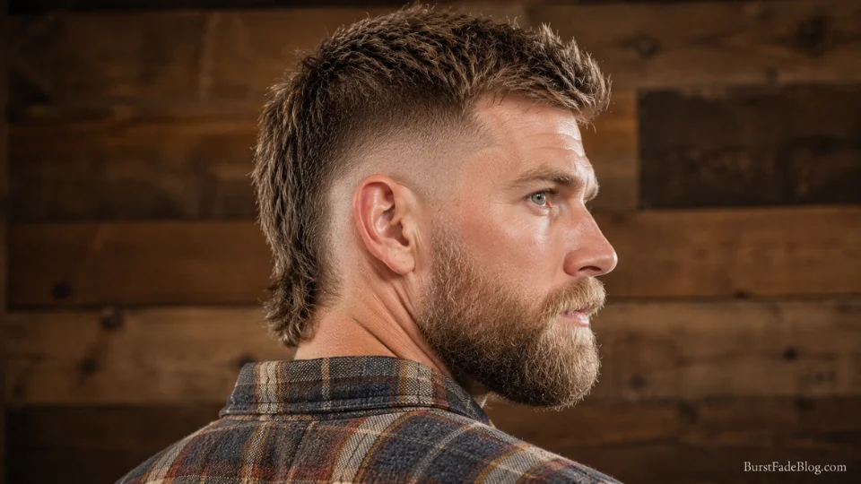 Short burst fade mini mullet haircut on a 36-year-old White man with a full beard