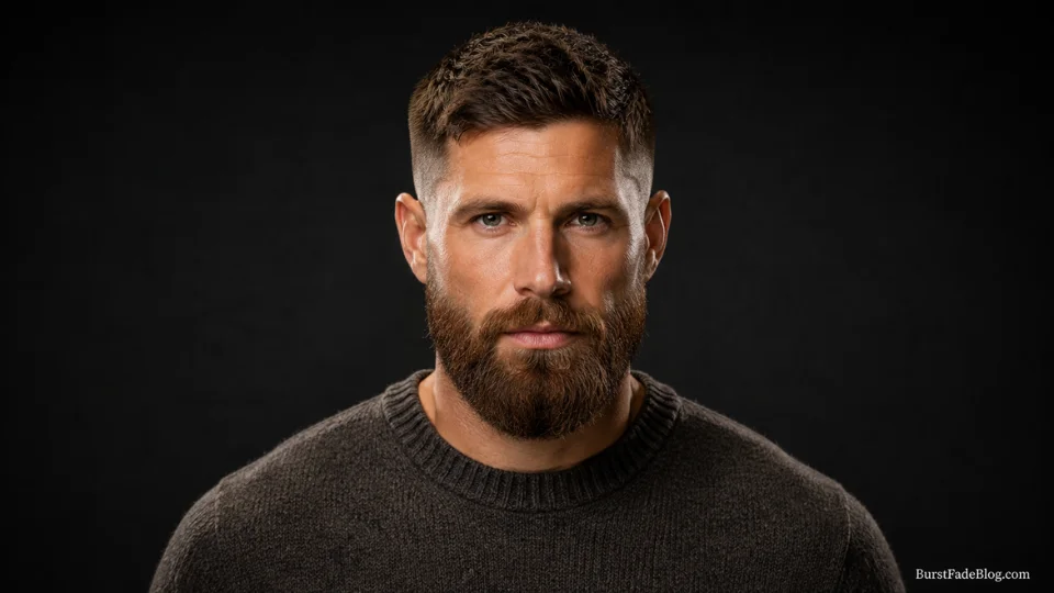 Short burst fade paired with a full thick beard on a 38-year-old White man