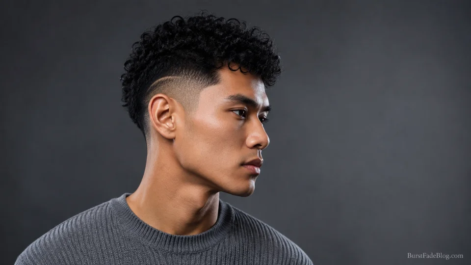 Short burst fade with a curly textured top on a 27-year-old Asian man, side angle
