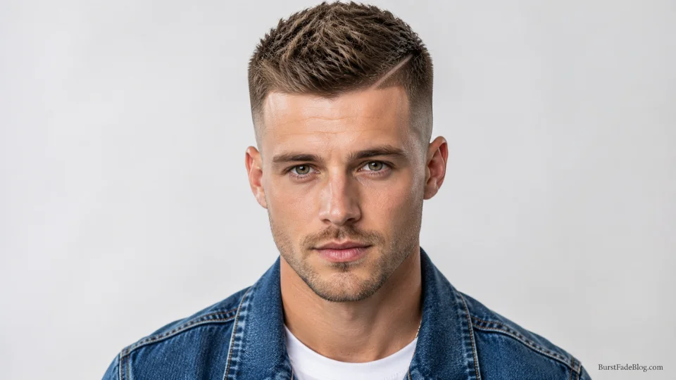 Short burst fade with a shaved line design on a 28-year-old White man, front angle
