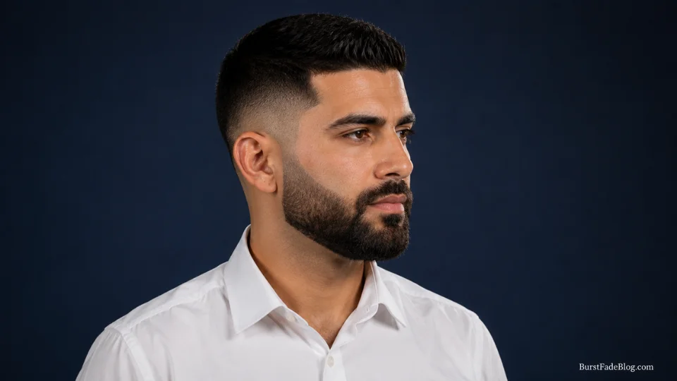 Short burst fade with a flat straight top on a 33-year-old Middle Eastern man with a full beard
