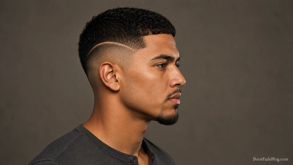 Short burst fade with an extra tight temple fade on a 24-year-old mixed-ethnicity man
