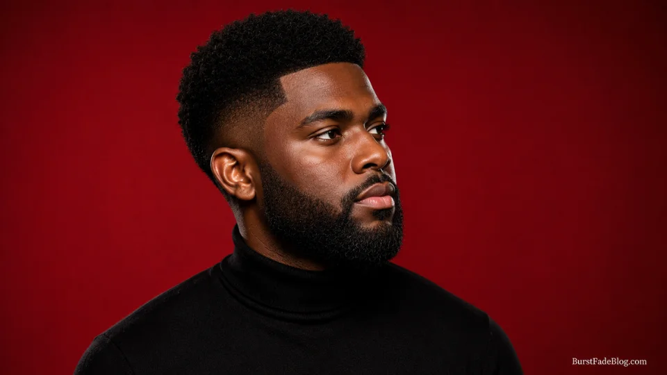 Short burst fade on a 25-year-old Black man with natural coily hair and a full beard
