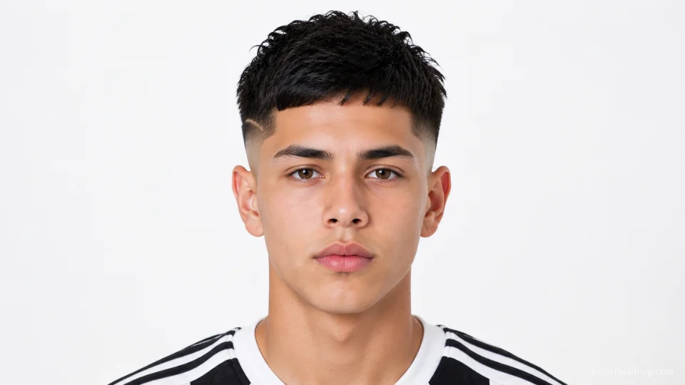Short burst fade haircut on an 18-year-old Hispanic teen, front-facing sporty look
