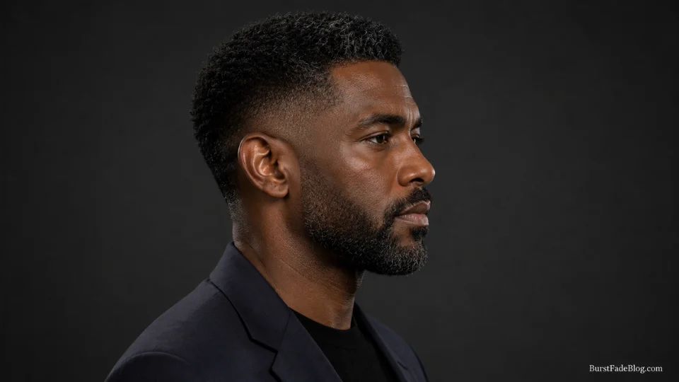 Short burst fade designed for thick hair on a 40-year-old Black man with grey-flecked hair
