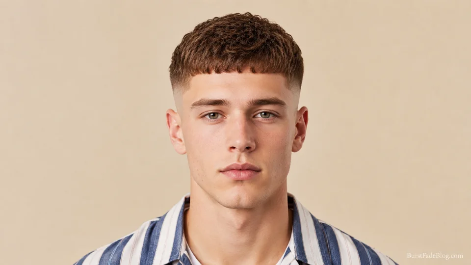  Short burst fade styled for thin hair on a 21-year-old White man, front-facing
