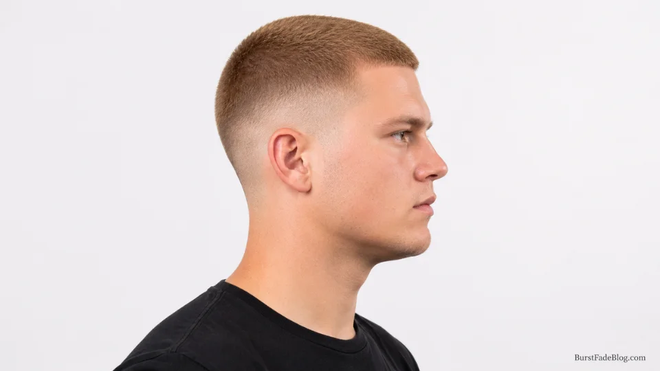 Short buzz cut burst fade haircut on a 26-year-old blonde White man, side profile
