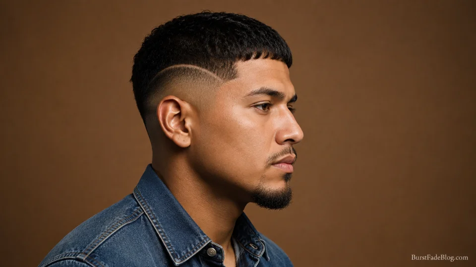Short Caesar burst fade haircut on a 31-year-old Hispanic man with a goatee

