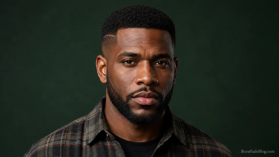 Short crew cut burst fade haircut on a 35-year-old Black man with a short beard
