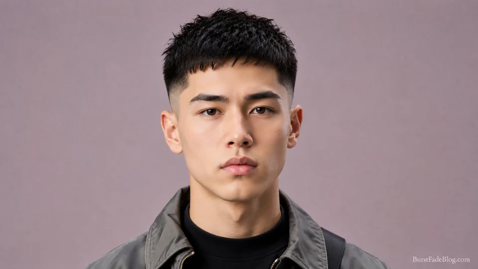 Short crop burst fade haircut on a 20-year-old Asian man, front-facing streetwear look
