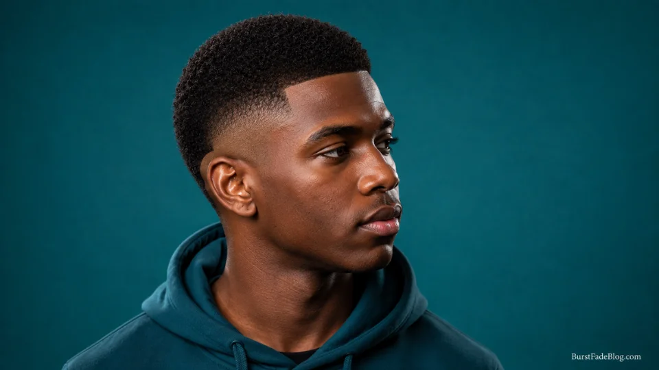 Short drop burst fade haircut on a 22-year-old Black man, 3/4 angle
