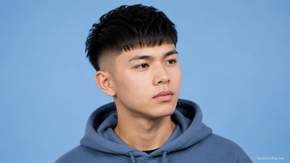 Short French crop burst fade haircut on a 19-year-old Asian man, 3/4 angle
