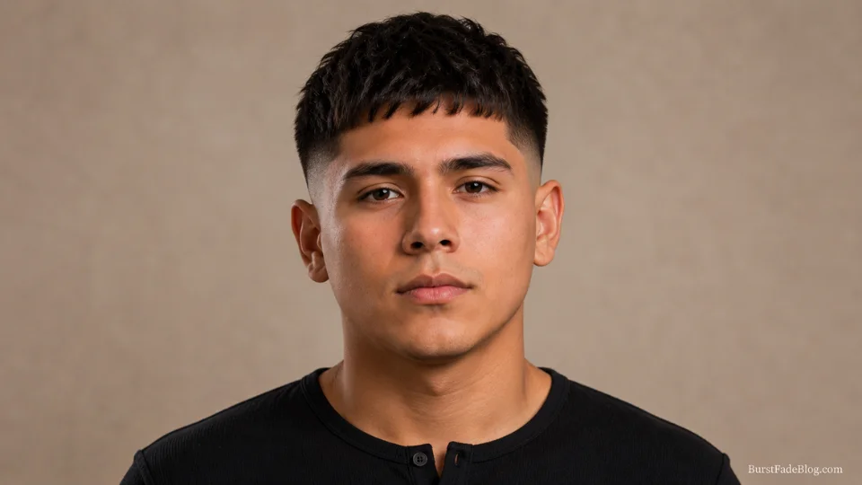 Short burst fade with a curly textured top on a 27-year-old Asian man, side angle

