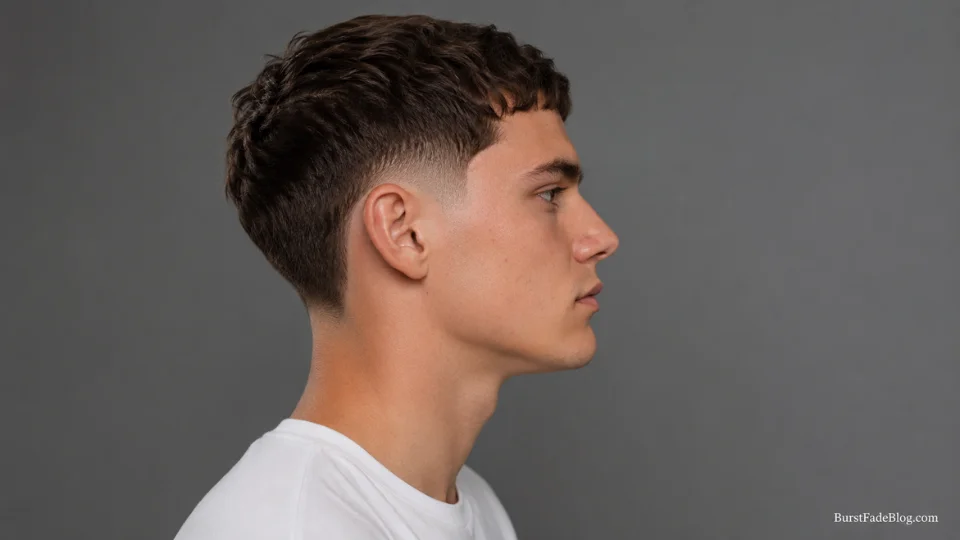 Short low burst fade haircut on a 24-year-old man with an oval face and side profile view