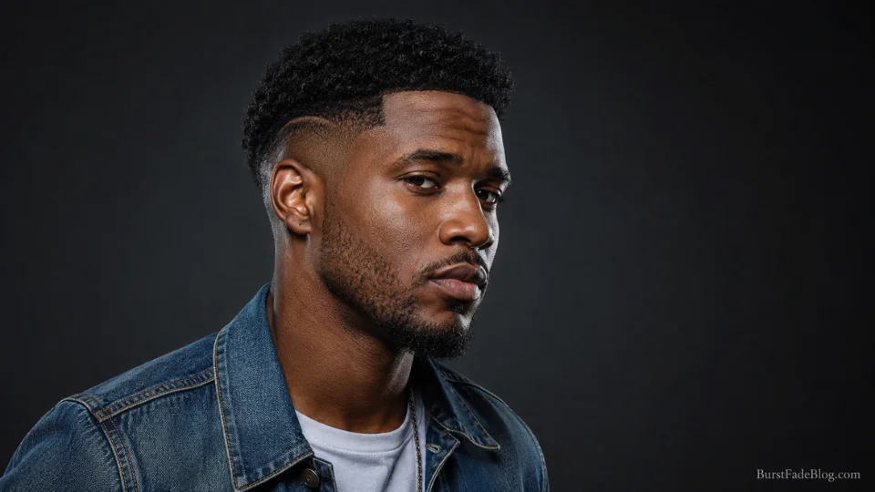 Short mid burst fade haircut on a 29-year-old Black man with light stubble, 3/4 angle