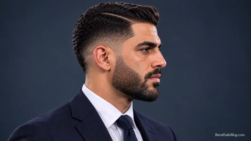 Short professional burst fade with a side part on a 30-year-old Middle Eastern man in a suit
