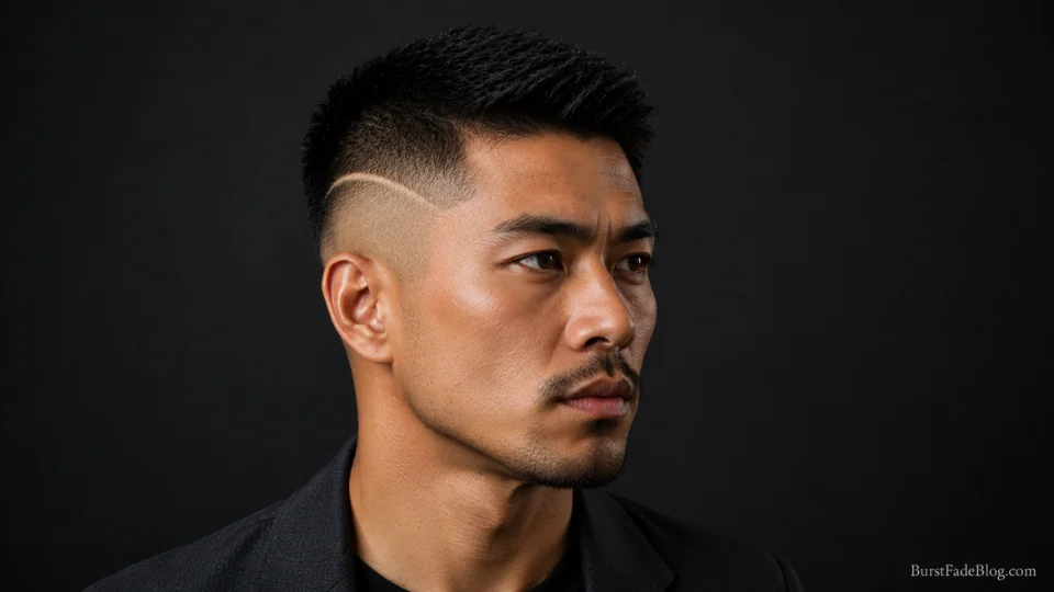 Short skin fade burst combo haircut on a 34-year-old Asian man, 3/4 profile