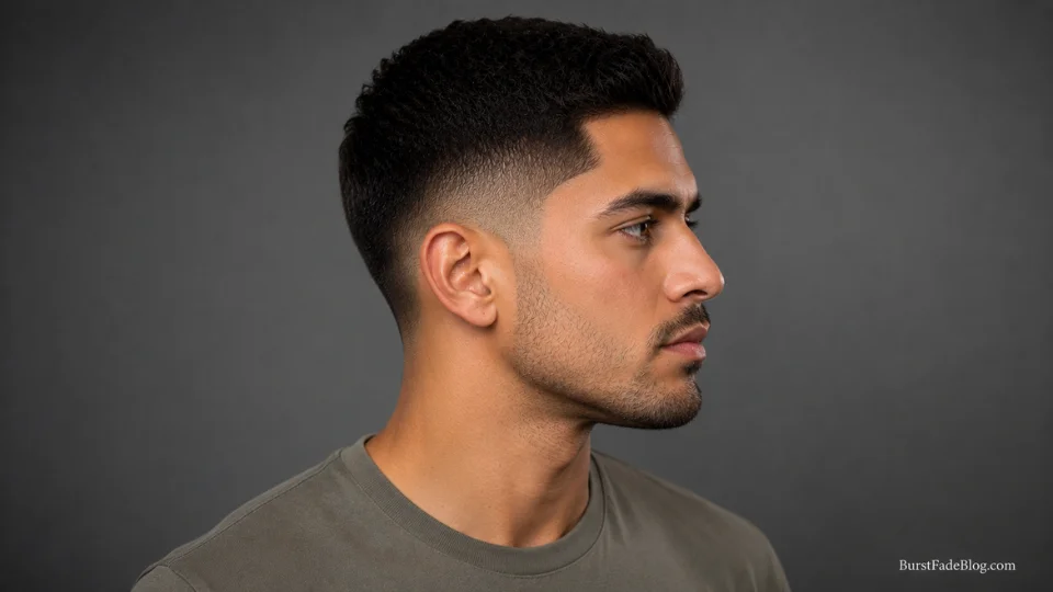 Short taper burst fade haircut on a 27-year-old Hispanic man, side profile