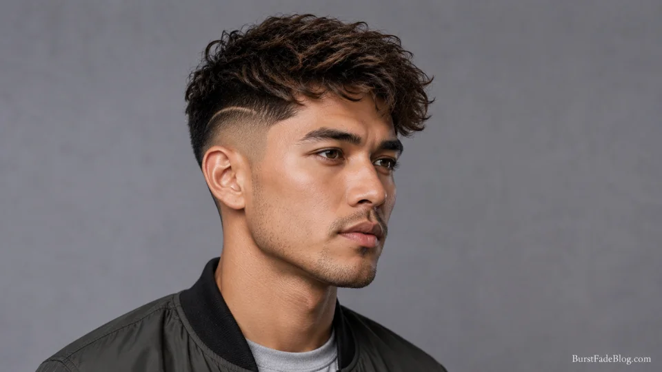  Short textured burst fade haircut on a 23-year-old mixed-ethnicity man, 3/4 profile
