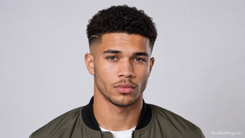 Short wavy burst fade haircut on a 20-year-old mixed-ethnicity man, front angle
