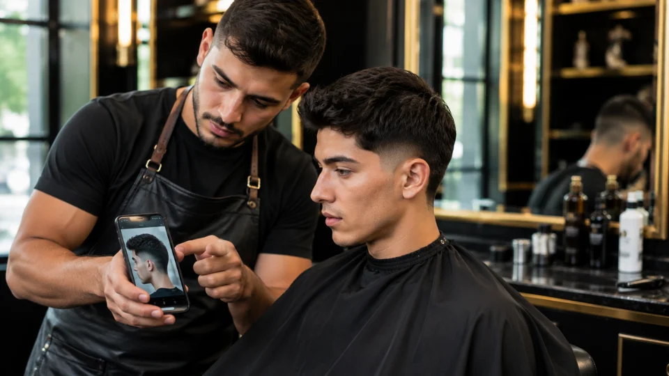 Barber consulting with client using a reference photo before a fade haircut