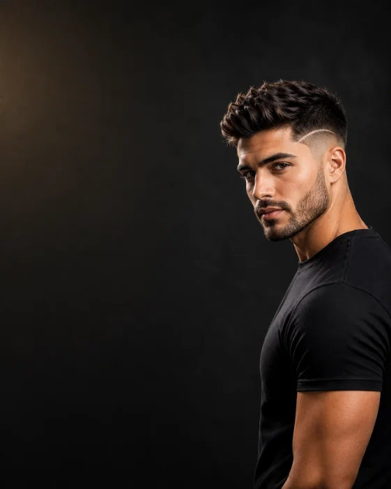 Man with a modern burst fade haircut, short textured top and curved fade around the ear