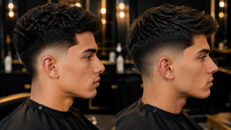 Burst fade vs drop fade side profile comparison in a luxury barbershop.