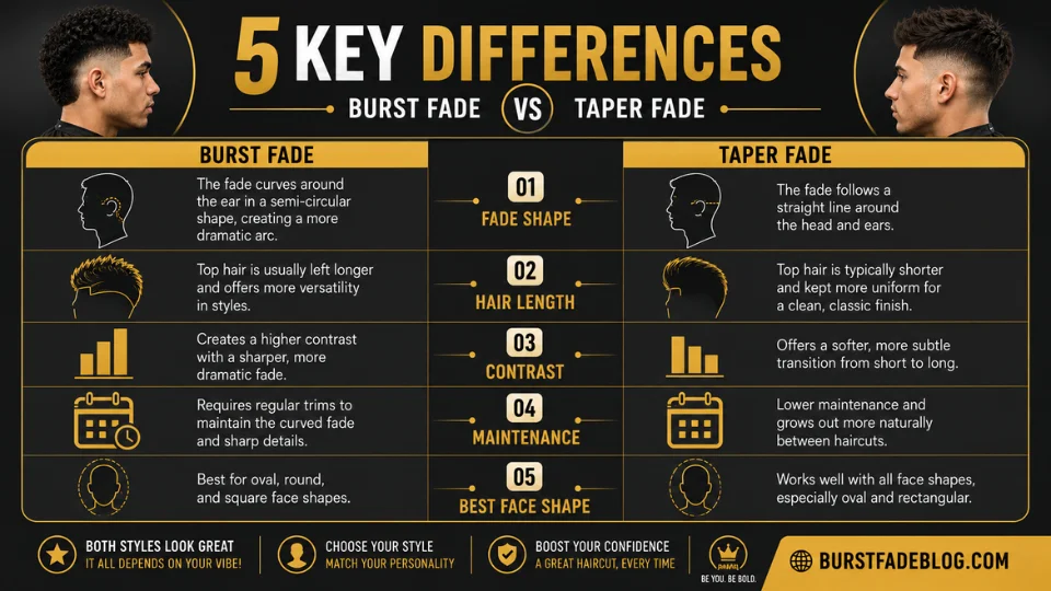  Infographic comparing burst fade and taper fade key differences