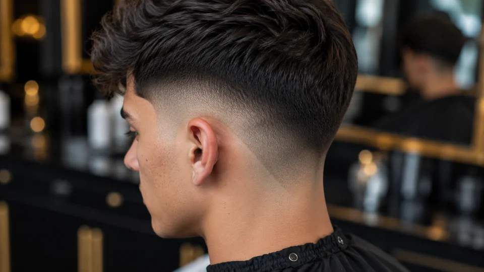 Close-up of drop fade haircut curving behind the ear to the neckline
