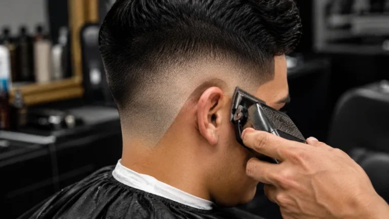 Barber using clippers to cut a burst fade haircut