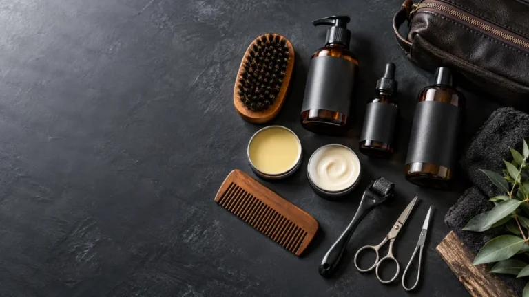 Best beard grooming kit for men laid out with oil, balm, comb, and brush