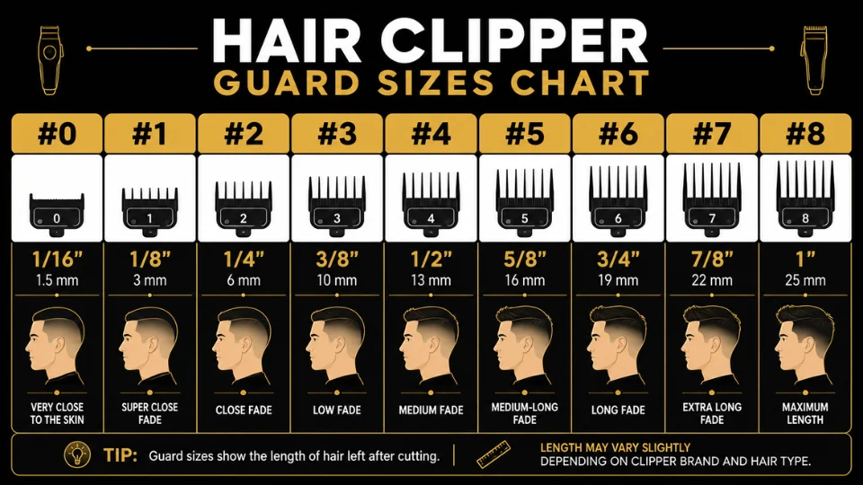 Clipper guard size chart from 0 to 8 with hair length