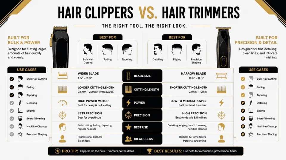 Comparison chart of clippers vs trimmers for burst fade haircuts